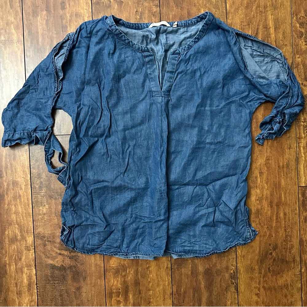 Soft Surroundings Tunic Top Womens LG  Chambray Cold Shoulder Tencel Cottagecore - Picture 6 of 10